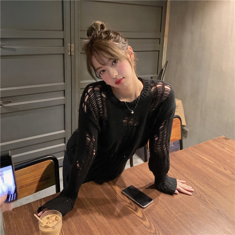 送运费险镂空上衣女黑色破洞毛衣