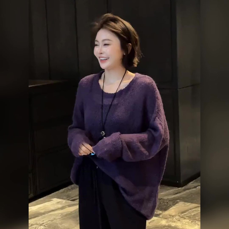 韩系早秋穿搭慵懒风宽松镂空针织衫初秋紫色上衣女氛围高级感毛衣