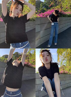 现货秒发小香风针织短袖上衣女