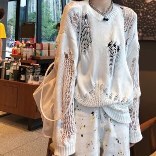 HEY黑哥 街头艺术 破洞ins感！镂空套头针织衫女早秋百搭上衣GIRL