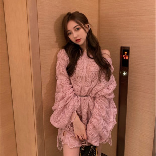 慵懒风宽松外穿套头毛衣女2024早秋装镂空粉色中长款破洞针织罩衫