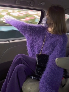 韩国东大门秋冬新款慵懒毛毛上衣高级感宽松针织衫紫色毛衣女短款