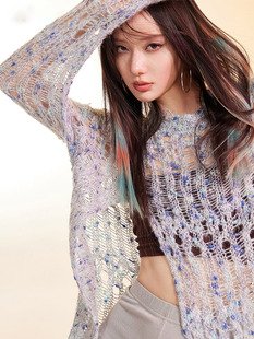 辣妹针织长袖防晒罩衫镂空衫破洞网衫宽松性感上衣女 bananashark