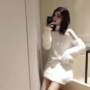 韩版女装性感法式宽松慵懒风毛衣裙子秋冬女针织衫白色连衣裙春款