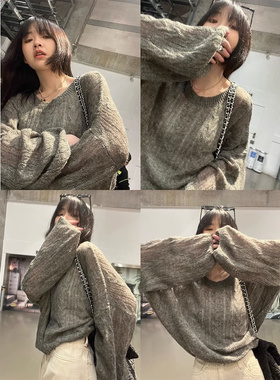 早秋镂空针织衫短款毛衣女春款薄款罩衫秋季新款宽松慵懒灰色上衣