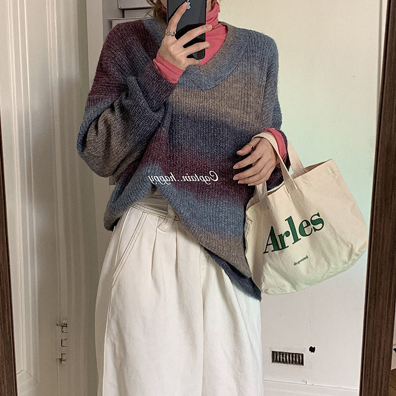 复古炸街慵懒风宽松叠穿渐变撞色毛衣女早秋v领套头上衣针织衫初