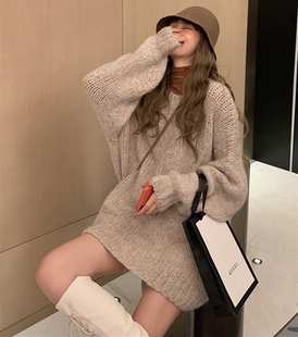 网红中长款马海毛毛衣裙秋冬新款大码女装宽松慵懒套头毛针织衫女