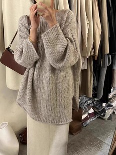 慵懒风针织衫女秋季新款宽松上衣中长款开叉落肩袖毛衣大码春秋