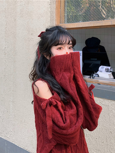 性感秋冬小个子蝴蝶结露肩毛衣裙女圣诞节红色连衣裙宽松新年过年