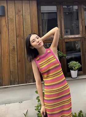 送运费险无袖背心连衣裙条纹裙子