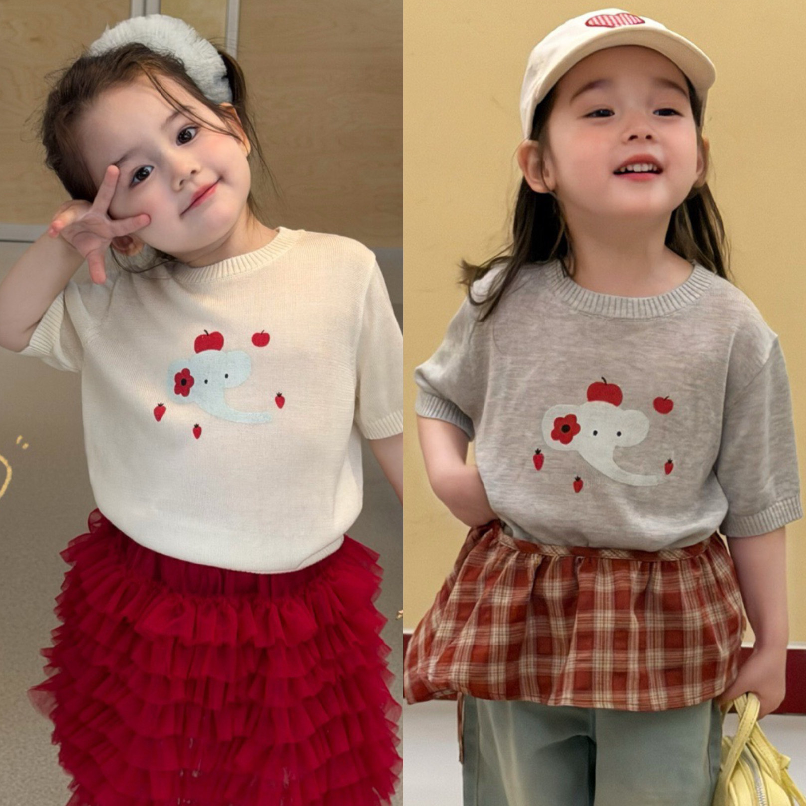 Opao 1805女童2026春款卡通小象针织短袖