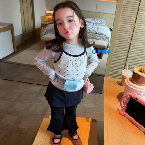 Opao 26秋 6138女童套装波点长袖+黑色喇叭裤两件套