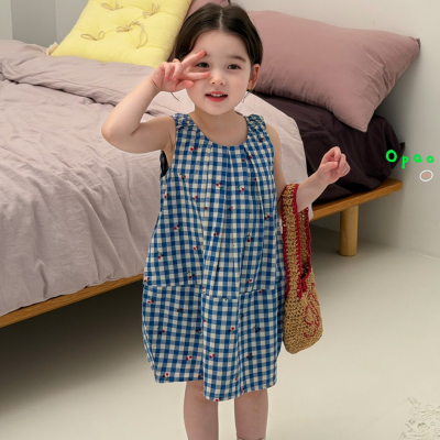 26夏 Opao 女童背心裙蓝色格子棉布连衣裙8013