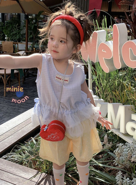 26夏 小月亮 女童蓝色格子娃娃衫612032 黄色短裤612033