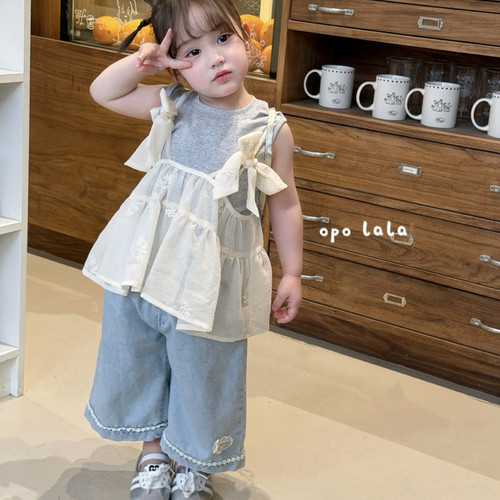 26夏 Opo 女童灰色吊带两件套78111 九分牛仔裤78112