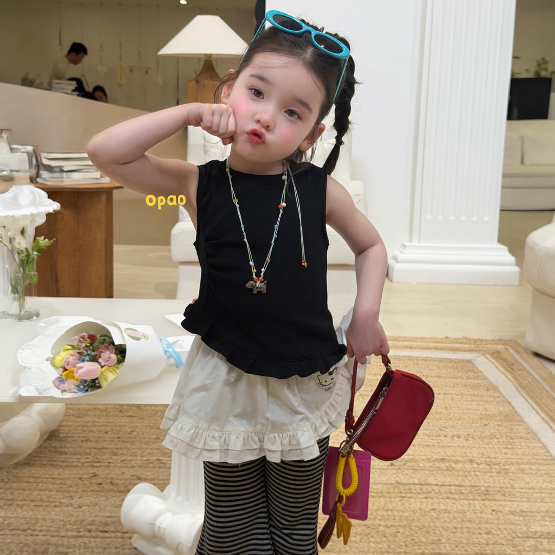 Opao&bull;26夏~女童黑色花边背心8101 kt屁帘条纹喇叭裤7803