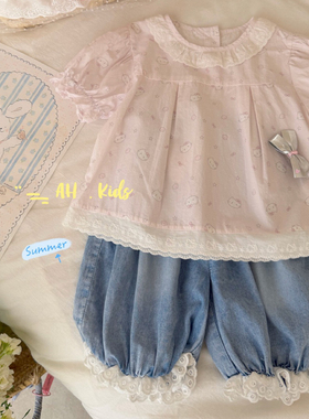26夏AH 女童粉色蝴蝶结娃娃衫77106 花边牛仔中裤77263