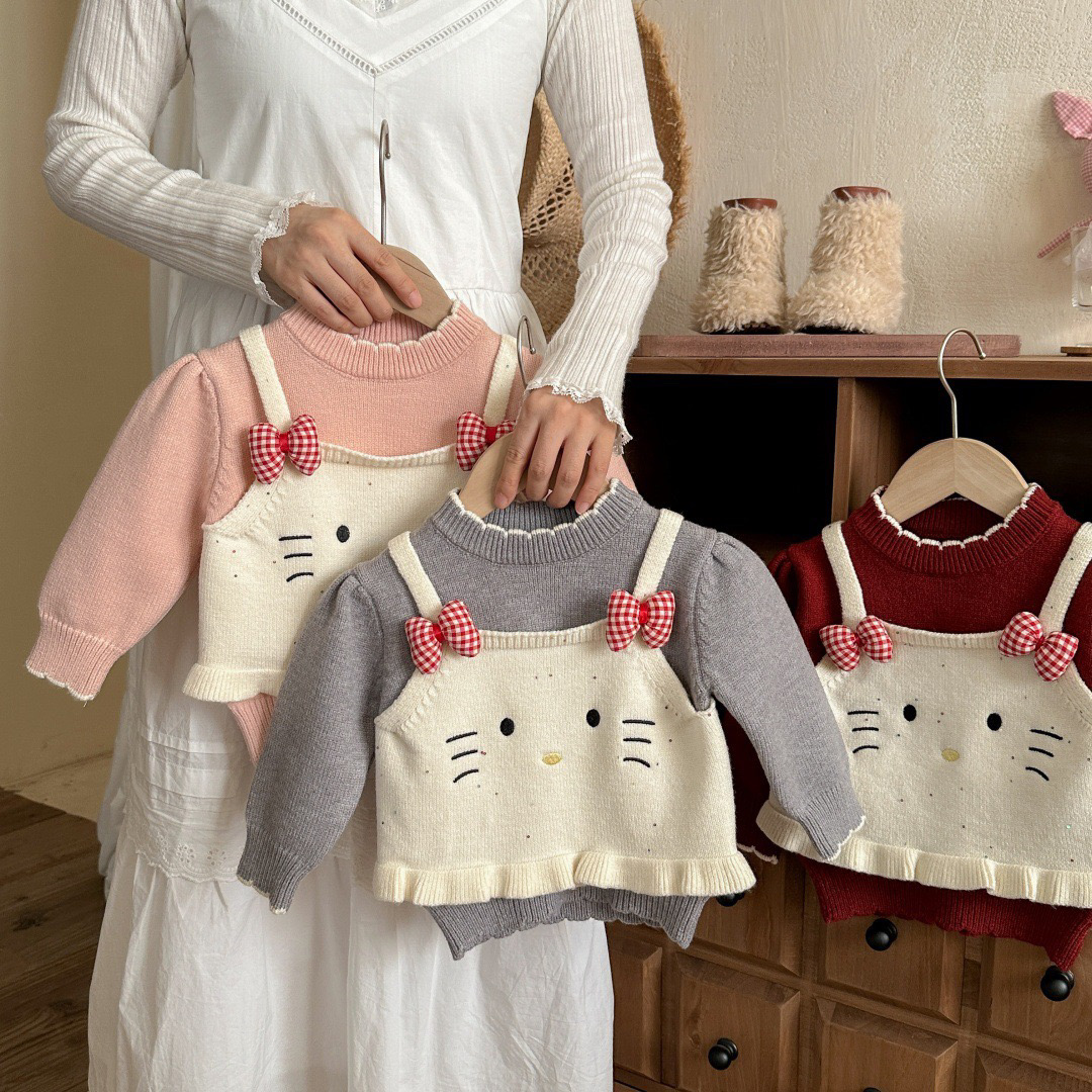 XMX (80-120码） 25冬 523女童kitty假两件套头毛衣