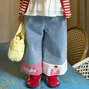 橙小七 26127女童2026春款蓝色牛仔卡通刺绣格子拼接直筒裤（汉服