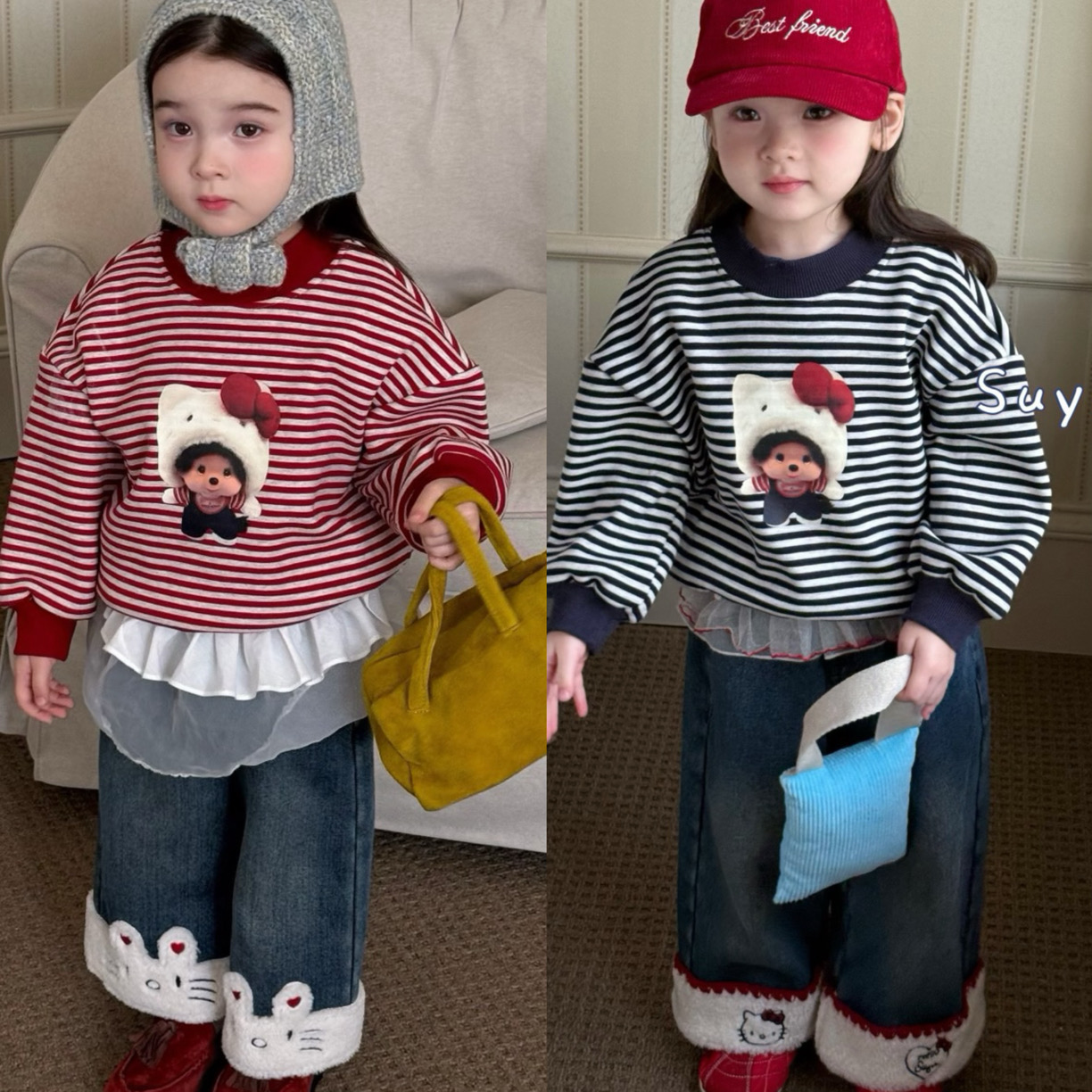 苏右 25冬 65038女童韩版可爱印花条纹加绒卫衣