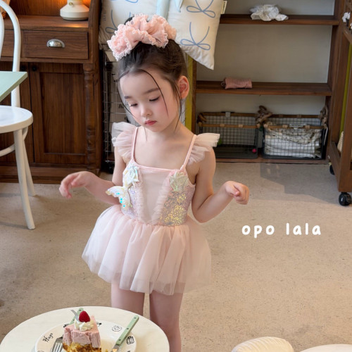 Opo 26夏 78167女童粉色美人鱼吊带纱纱泳衣