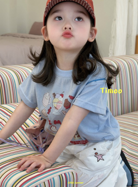 26夏 Timoo 女童蓝色卡通短袖7172 白色阔腿裤7135