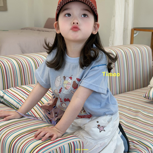 7172 26夏 Timoo 女童蓝色卡通短袖 7135 白色阔腿裤