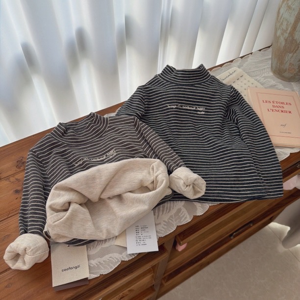 在仓 草房子 25冬 5406女童双层加厚条纹半高领打底衫