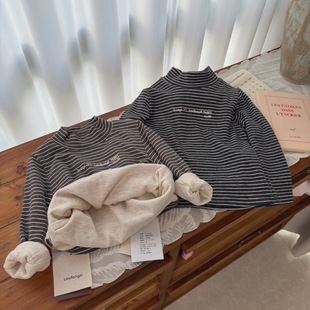 5406女童双层加厚条纹半高领打底衫 25冬 草房子 在仓