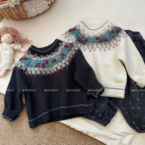 XMX(80-120码） 25冬 58020女童复古提花圆领套头毛衣