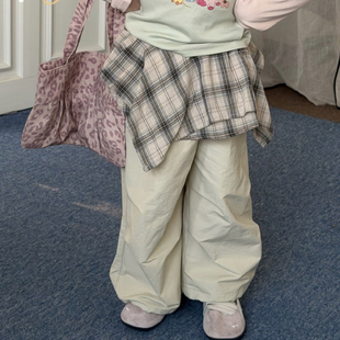 Opao 6033女童2026春款卡其色格子屁帘工装裤