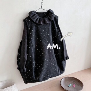 AM 26冬~66155女童波点加绒毛呢背心裙+娃娃领毛衣两件套