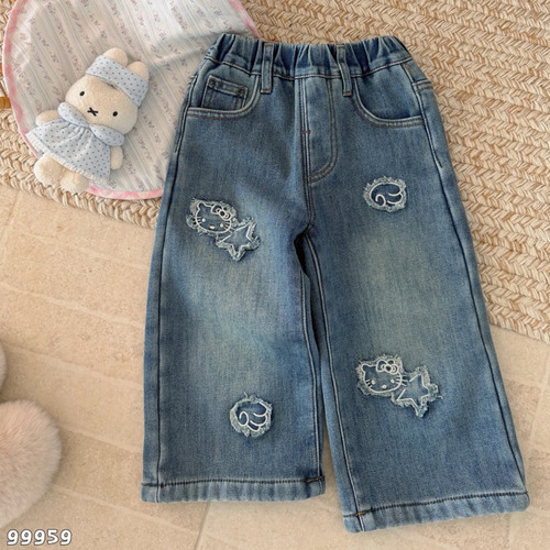 MK 26冬 99959女童贴布刺绣一体绒牛仔直筒裤