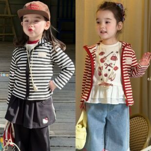 橙小七 26021女童2026春款条纹贴布刺绣连帽卫衣外套