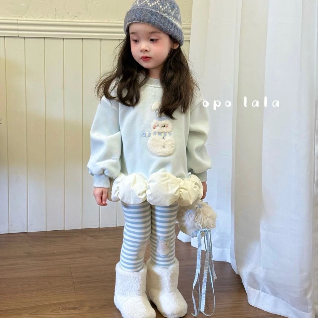 Opolala 2025秋冬女童卡通拼接泡泡加绒卫衣7015 条纹打底裤7112