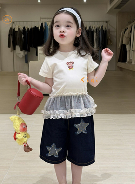 26夏 kiai 女童米色拼接短袖812107 星星牛仔中裤862195