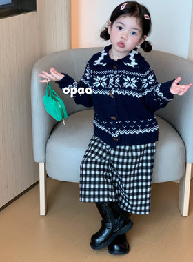 Opao 26冬 女童加厚雪花毛衣开衫10104 格子加绒叠穿休闲裤5011