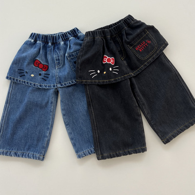 橙小七 25秋冬 5255女童kitty屁帘加绒牛仔裤直筒裤
