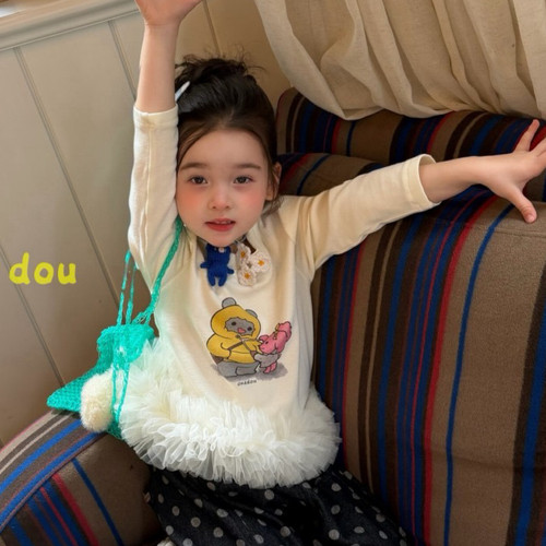 26秋 one 豆 6640女童卡通印花拼纱长袖上衣