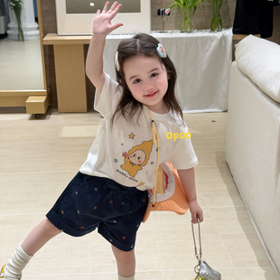 Opao•26夏 7100 藏青星星短裤 7602 女童白色星星人短袖