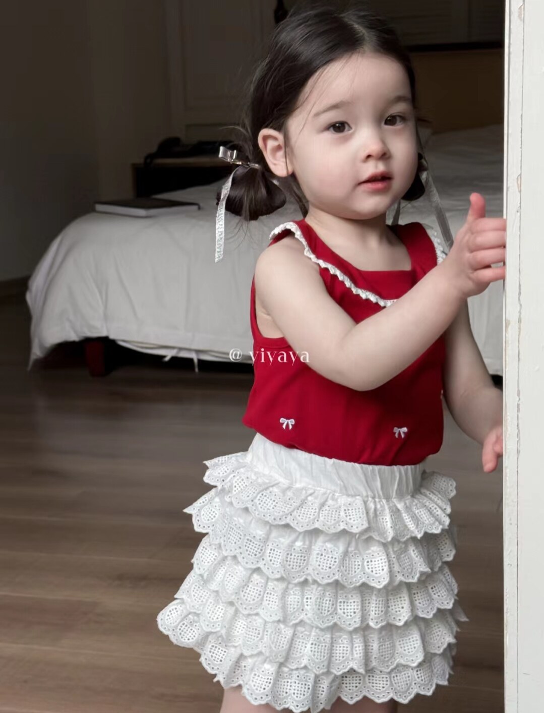 yiyaya 2025春款女童红色全棉无袖上衣5333 白色蛋糕裙5357 套装
