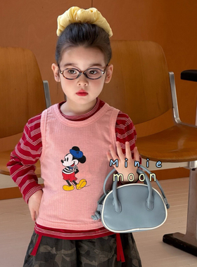小月亮 26春 62035女童红色米奇背心+条纹T恤两件套