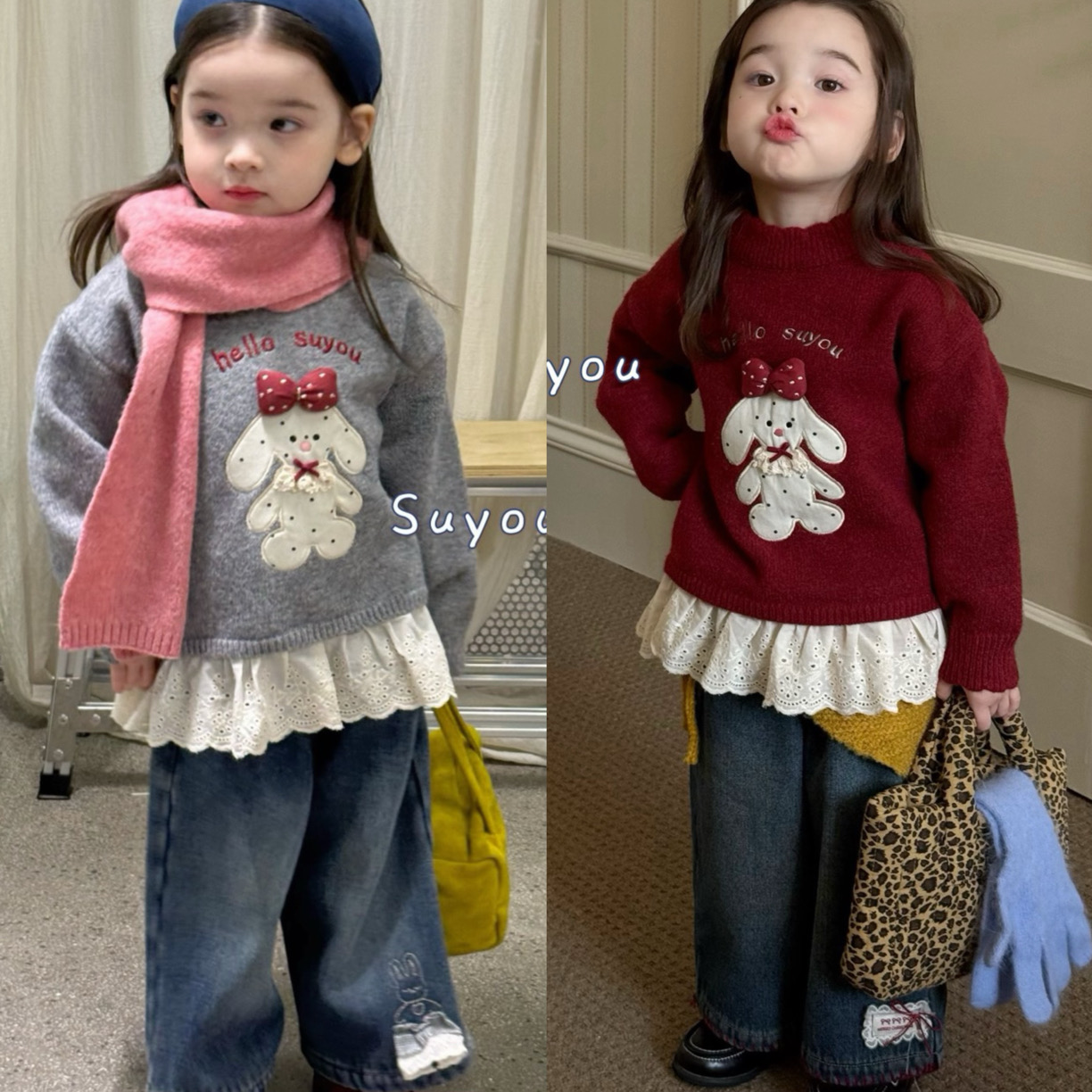 苏右 25冬 65070女童韩版兔子拼接花边刺绣套头毛衣