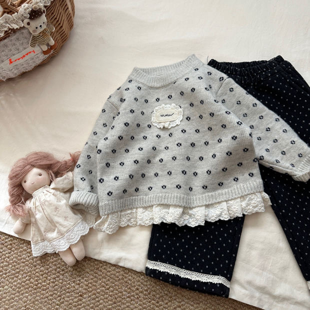 XMX(80-120码） 25冬 6510女童韩系刺绣拼接圆点套头毛衣