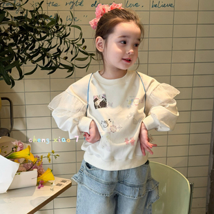 橙小七 26061女童2026春款米白色卡通印花卫衣