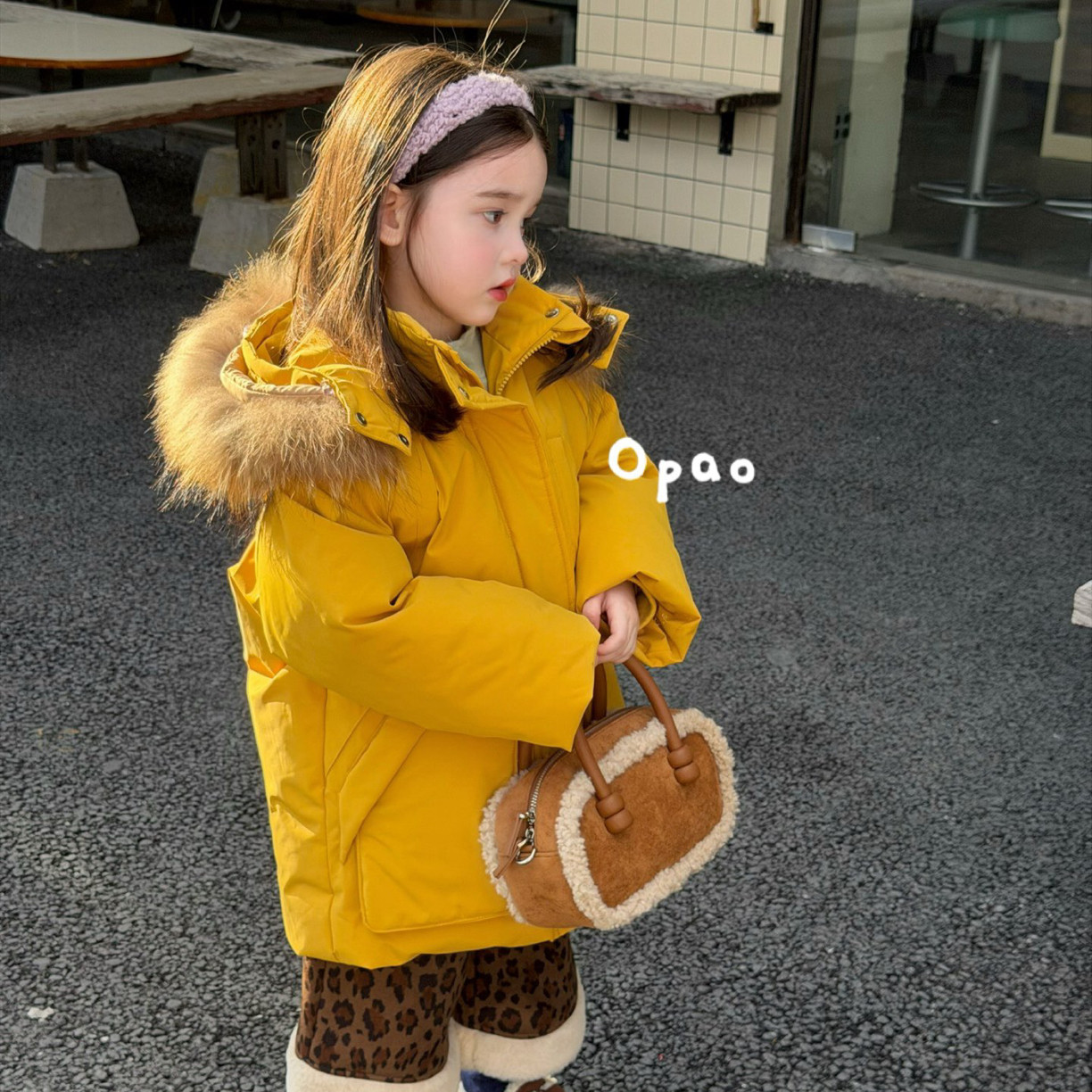 26冬 女童黄色连帽大毛领中长款羽绒服5010