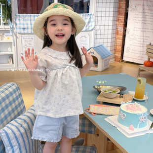26夏AH 女童蓝色碎花娃娃衫77148 蓝色短裤77122