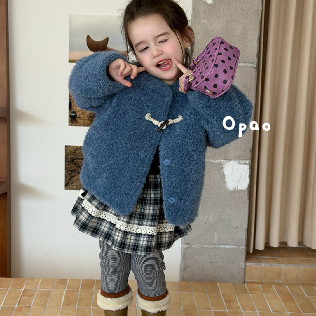 Opao 26冬 女童蓝色加厚毛毛外套5005 格子打底裙衫5035 裤子5051