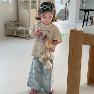 Opao•26夏~女童卡通印花短袖8055 格子休闲裤6706