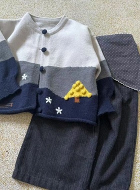 小鹿慕水女童套装25秋款韩版拼接毛衣开衫外套95601+屁帘裤95534